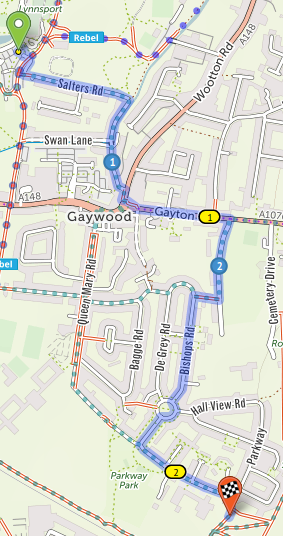 Map showing the route via Gaywood Hall Drive