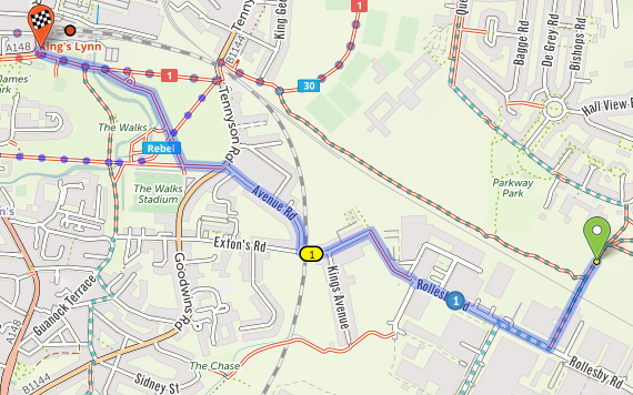 Map showing the route via Extons Place