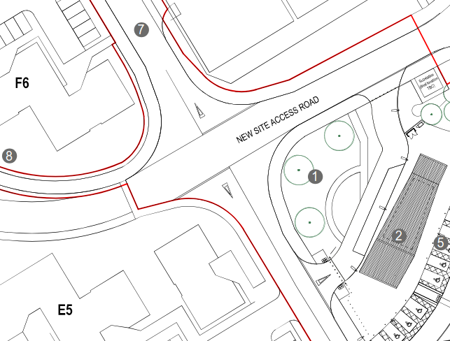 Excerpt of the development plan showing a crossroads with wide sweeping corners and absolutely no visible provision for walking and cycling traffic between points 2 (the bike shed) and 8 (the route towards town and the primary network).